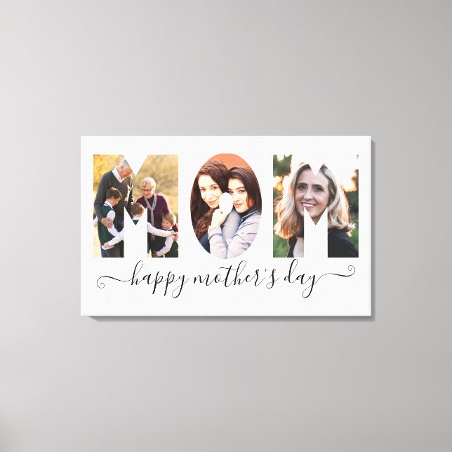 Simple MOM 3 Photo Happy Mother's Day Script Canvas Print (Front)