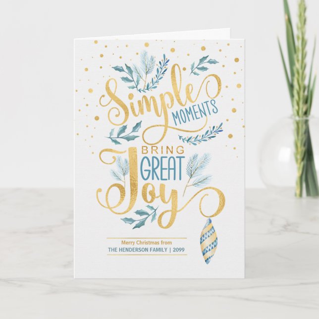 Simple Moments Bring Great Joy Blue and Gold Name Holiday Card (Front)