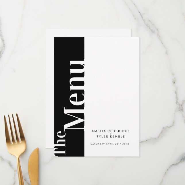 Simple mono text black with white wedding menus (Front/Back In Situ)