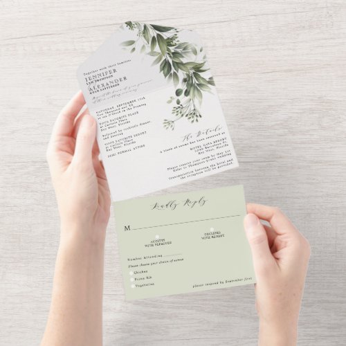 Simple Monochromatic Greenery Eucalyptus Wedding All In One Invitation