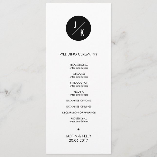 Simple monochrome circle wedding ceremony program (Front)