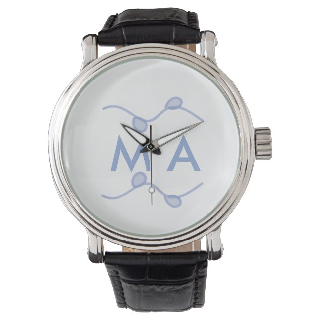 Simple monogram add your name letter blue leaf watch (Front)
