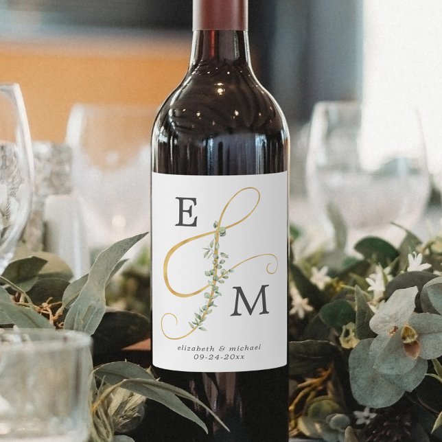 Simple Monogram Ampersand Eucalyptus Wedding Wine Label (Creator Uploaded)