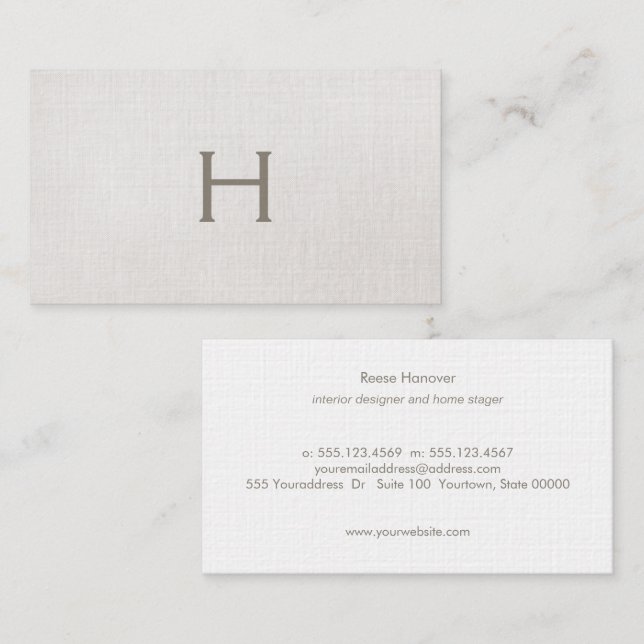 Simple Monogram Beige Linen, Stylish Minimalist  Business Card (Front/Back)