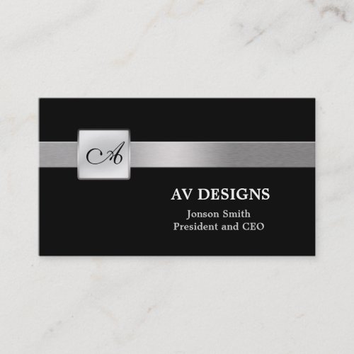 Simple Monogram Black and Silver Business Card
