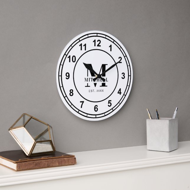 Simple Monogram Black and White Custom Family Name Large Clock (Office)