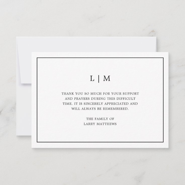 Simple Monogram Black and White Funeral Sympathy Thank You Card | Zazzle