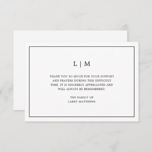 Simple Monogram Black and White Funeral Sympathy Thank You Card | Zazzle