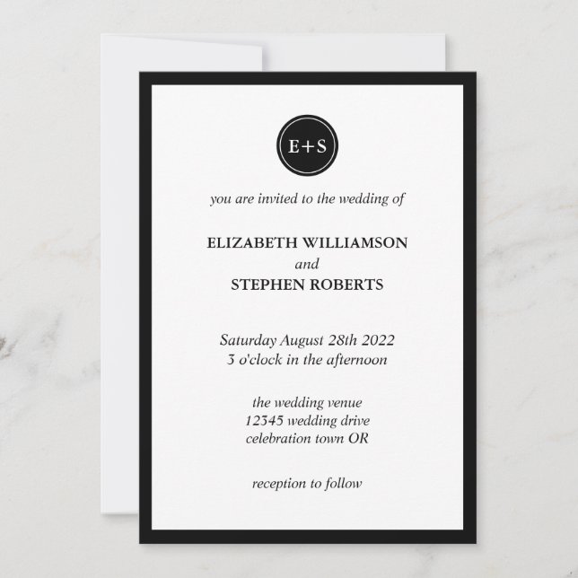 Simple Monogram | Black and White Wedding Invitation (Front)
