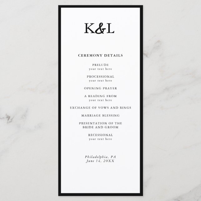 Simple Monogram Black and White Wedding Program (Front)