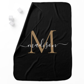 Simple Monogram Black Gold Elegant Girly Script Baby Blanket