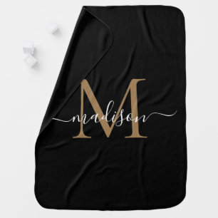 Simple Monogram Black Gold Elegant Girly Script Baby Blanket