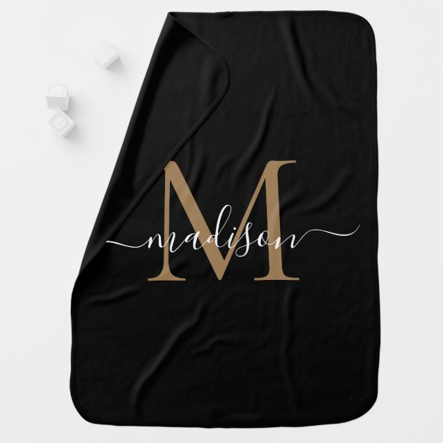 Simple Monogram Black Gold Elegant Girly Script Baby Blanket (In Situ)