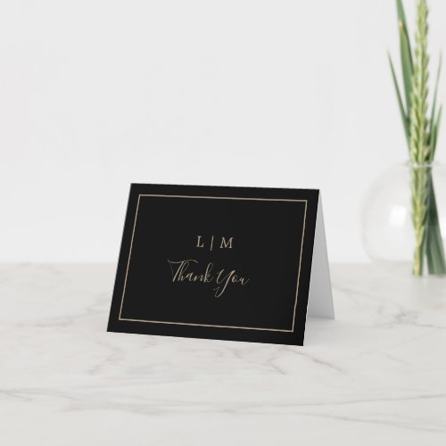 Simple Monogram Black Gold Wedding Thank You