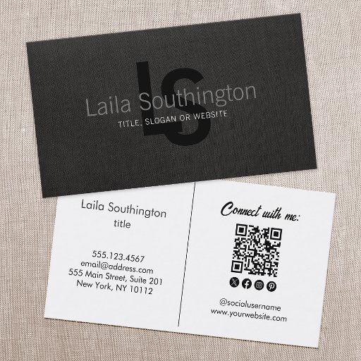 Customizable Simple Monogrammed Black Linen Look Professional Business Card Template