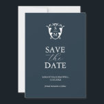 Simple Monogram Blue Save The Date<br><div class="desc">Announce your engagement with this modern save the date card. It features a mix of classic and script typography in white over a solid dark blue background. Enter the bride and groom's monogram in the center of a crest. All the colors can be customized to suite your wedding color scheme....</div>