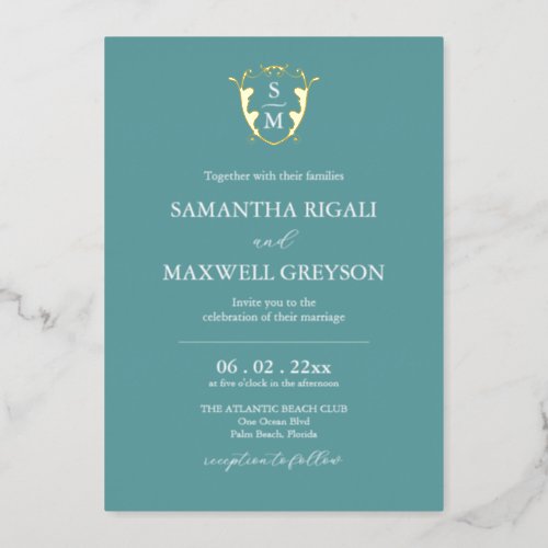 Simple Monogram Blue Wedding Foil Invitation