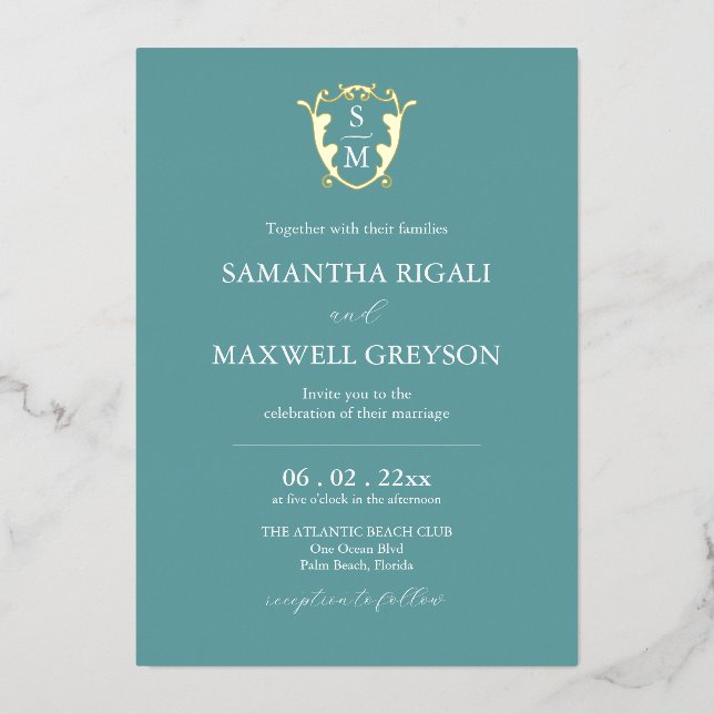 Simple Monogram Blue Wedding Foil Invitation (Front)