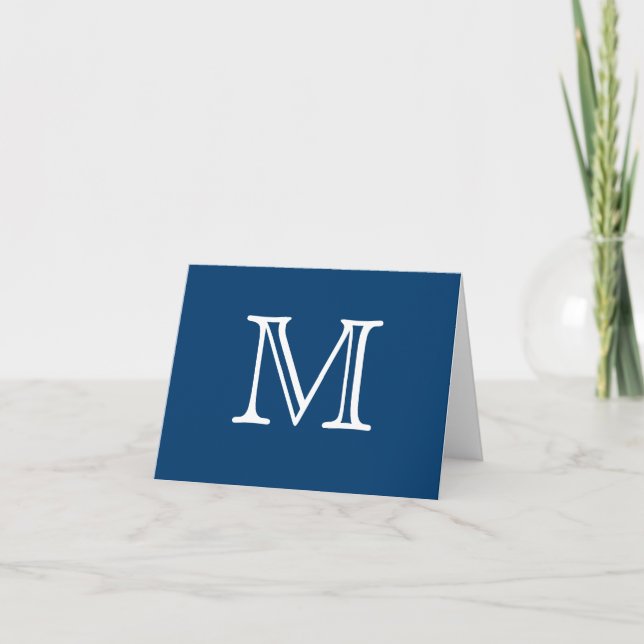 Simple Monogram Blue White Blank Inside Note Card (Front)