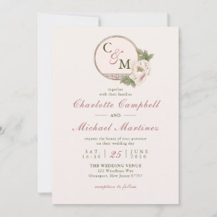 Simple Monogram Blush Pink Peony Wedding   Invitat Invitation