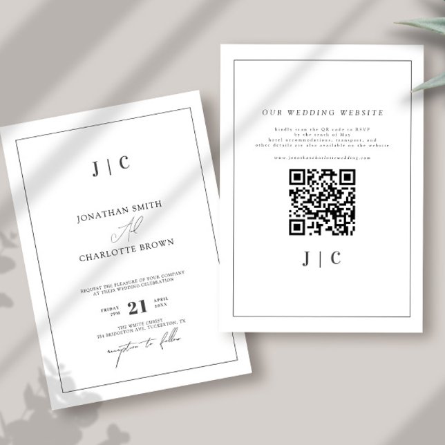 Simple Monogram & Border Silver Gray Wedding Invitation (Creator Uploaded)