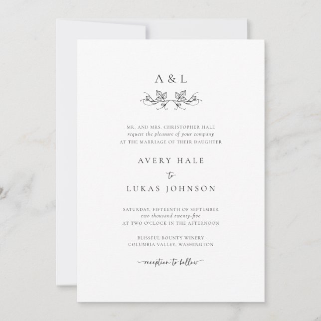 Simple Monogram Botanical Wedding Invitation (Front)