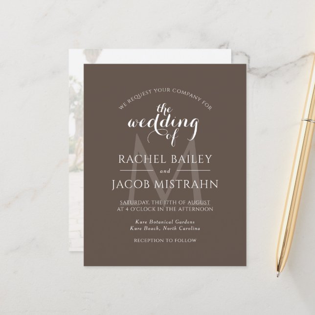Simple Monogram Brown Photo Wedding Invitation (Front/Back In Situ)