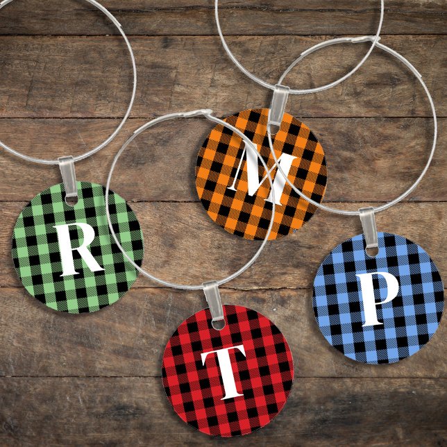 Simple Monogram Buffalo Check Modern Minimalist  Wine Charm (Buffalo check pattern with simple block-style lettering. )