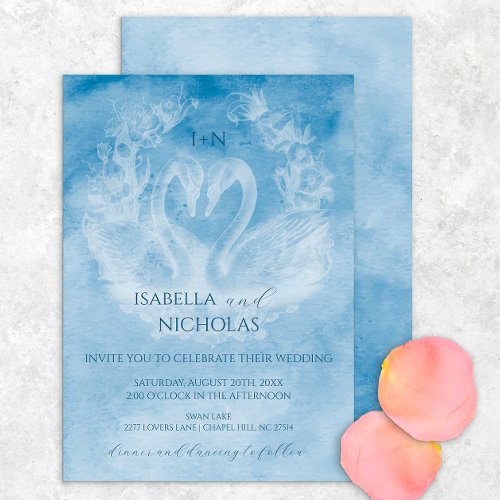 Simple Monogram Calligraphy Romantic Swan Wedding Invitation