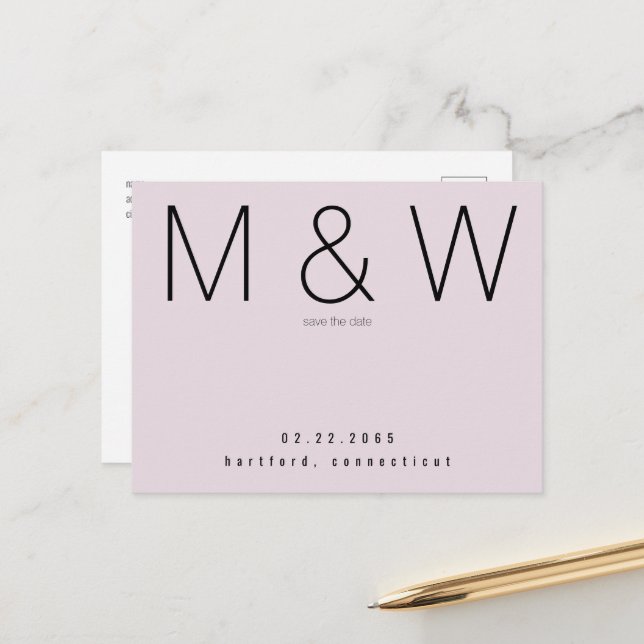 Simple Monogram Champagne Pink Save the Date Announcement Postcard (Front/Back In Situ)