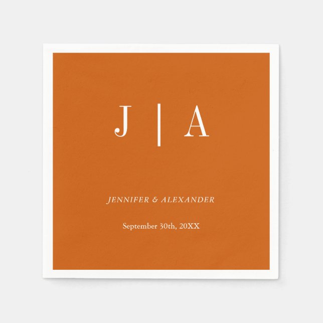 Simple Monogram Couple Name Burnt Orange And White Napkins (Front)