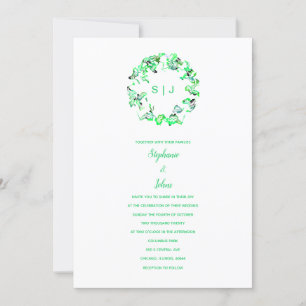 Simple Monogram Crest Green White Boho Wedding Invitation