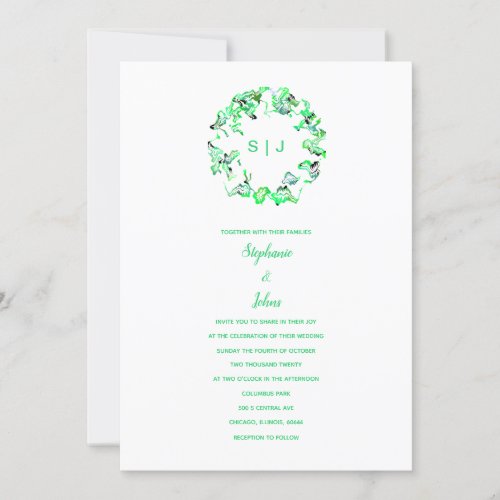 Simple Monogram Crest Green White Boho Wedding Invitation