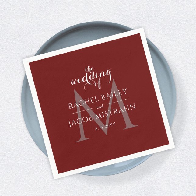 Simple Monogram Dark Red Christmas Wedding Napkins (Creator Uploaded)