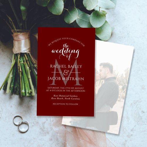 Simple Monogram Dark Red Photo Wedding Invitation