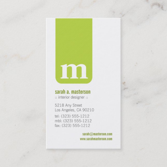 Simple Monogram Designer Business Card (lime) (Front)