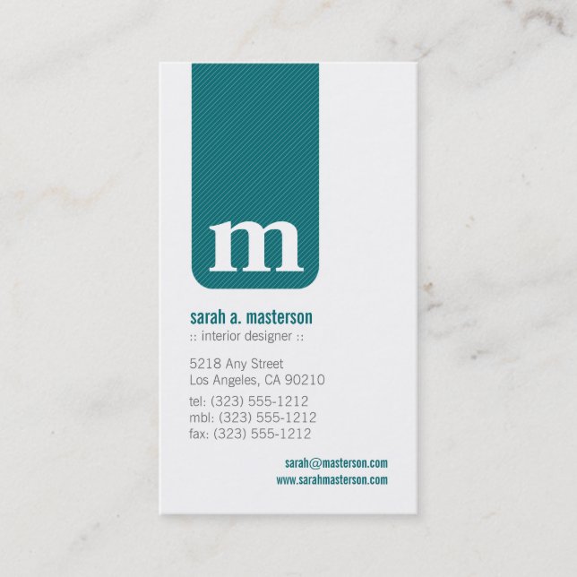 Simple Monogram Designer Business Card (teal) (Front)