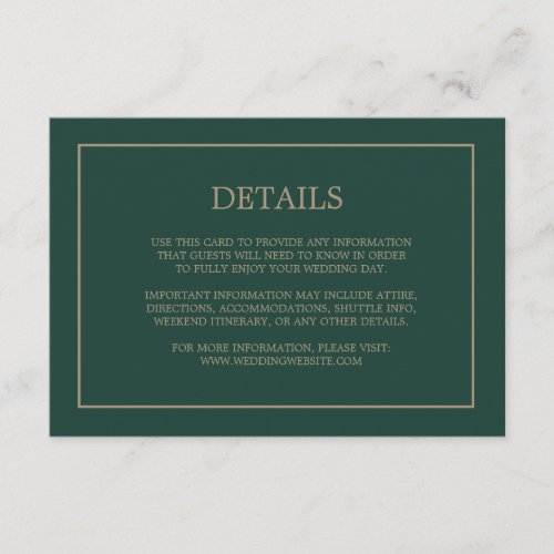 Simple Monogram Details Emerald Green Wedding  Enclosure Card
