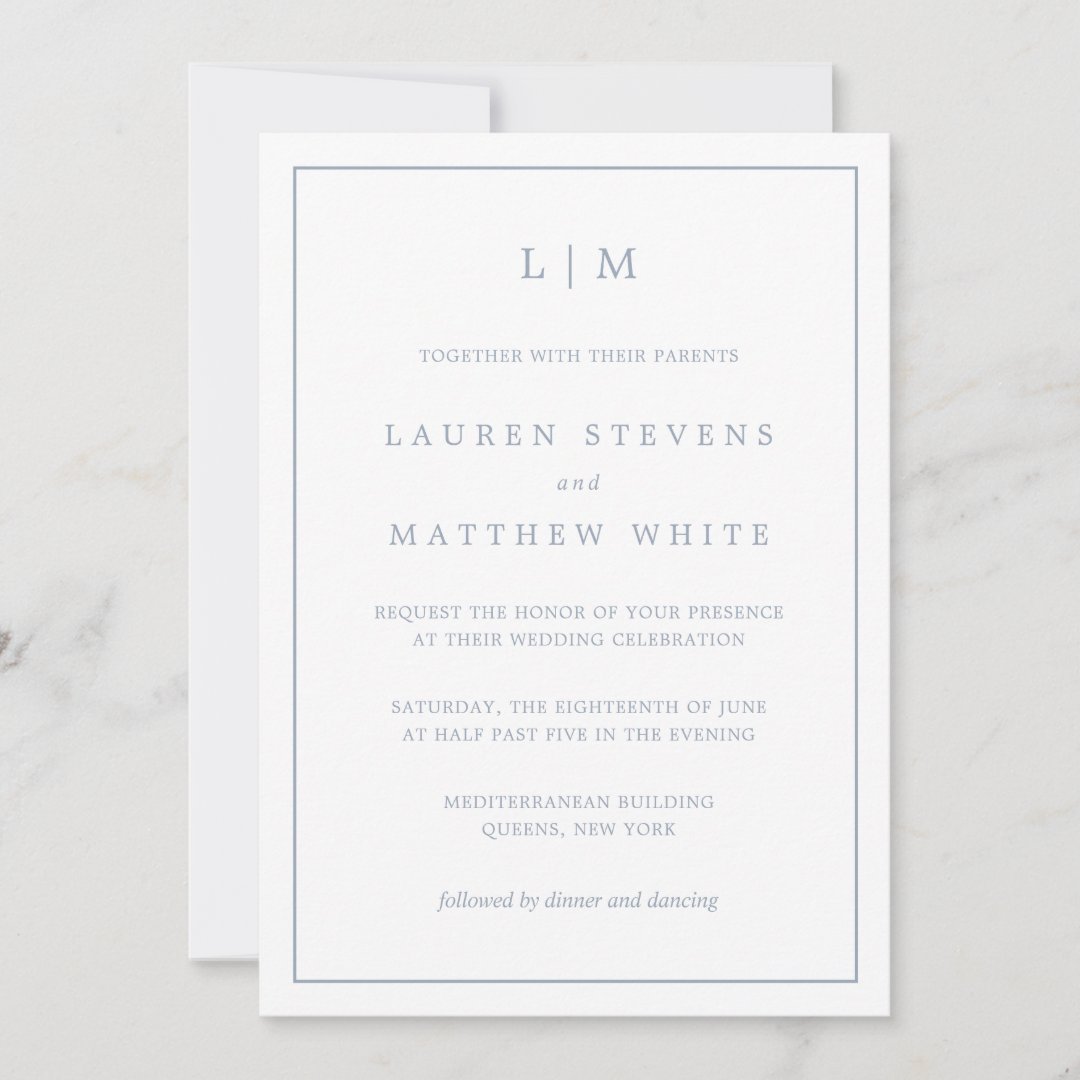 Simple Monogram Dusty Blue All In One Wedding Invitation | Zazzle