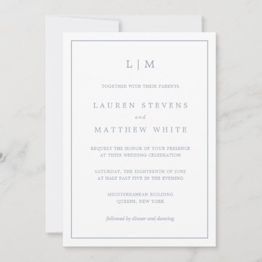 Simple Monogram Dusty Blue All In One Wedding Invitation | Zazzle