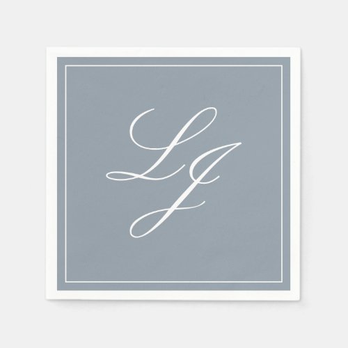 Simple Monogram Dusty Blue Elegant Script Wedding Napkins