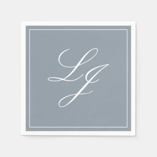 Simple Monogram Dusty Blue Elegant Script Wedding Napkins (Front)