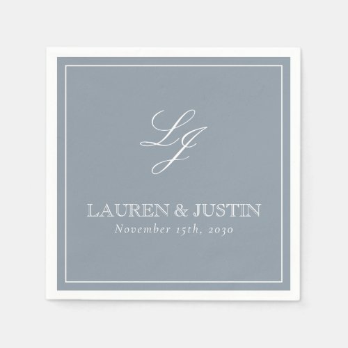 Simple Monogram Dusty Blue Elegant Script Wedding Napkins