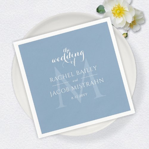 Simple Monogram Dusty Blue Wedding Reception Napkins