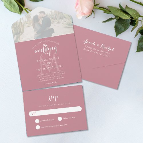 Simple Monogram Dusty Rose Photo Wedding All In One Invitation