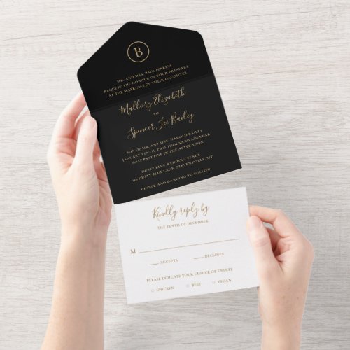 Simple Monogram Elegant Black and Gold Wedding All In One Invitation