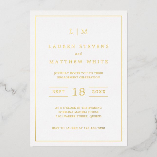 Simple Monogram Elegant Engagement Party Foil Invitation (Front)