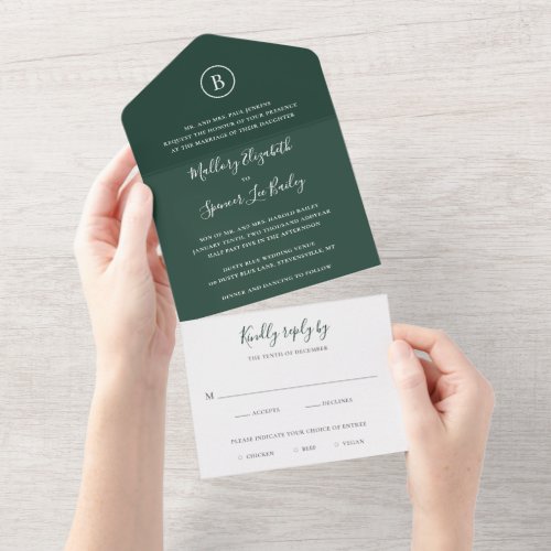 Simple Monogram Elegant Forest Green Wedding All In One Invitation