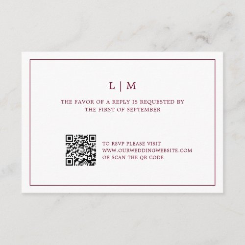 Simple Monogram Elegant QR Code Burgundy Wedding RSVP Card