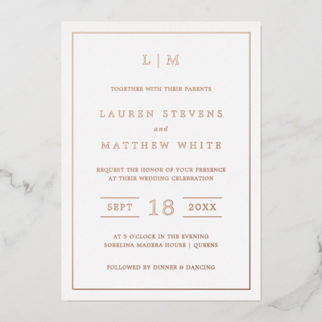 Simple Monogram Elegant Wedding Foil Invitation (Front)